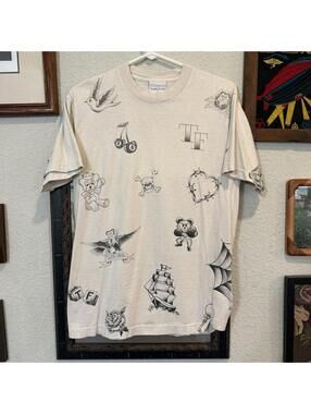 Teddy Fresh AOP Old School Style Ship Rose Bear Tattoo Flash Shirt Size Small
